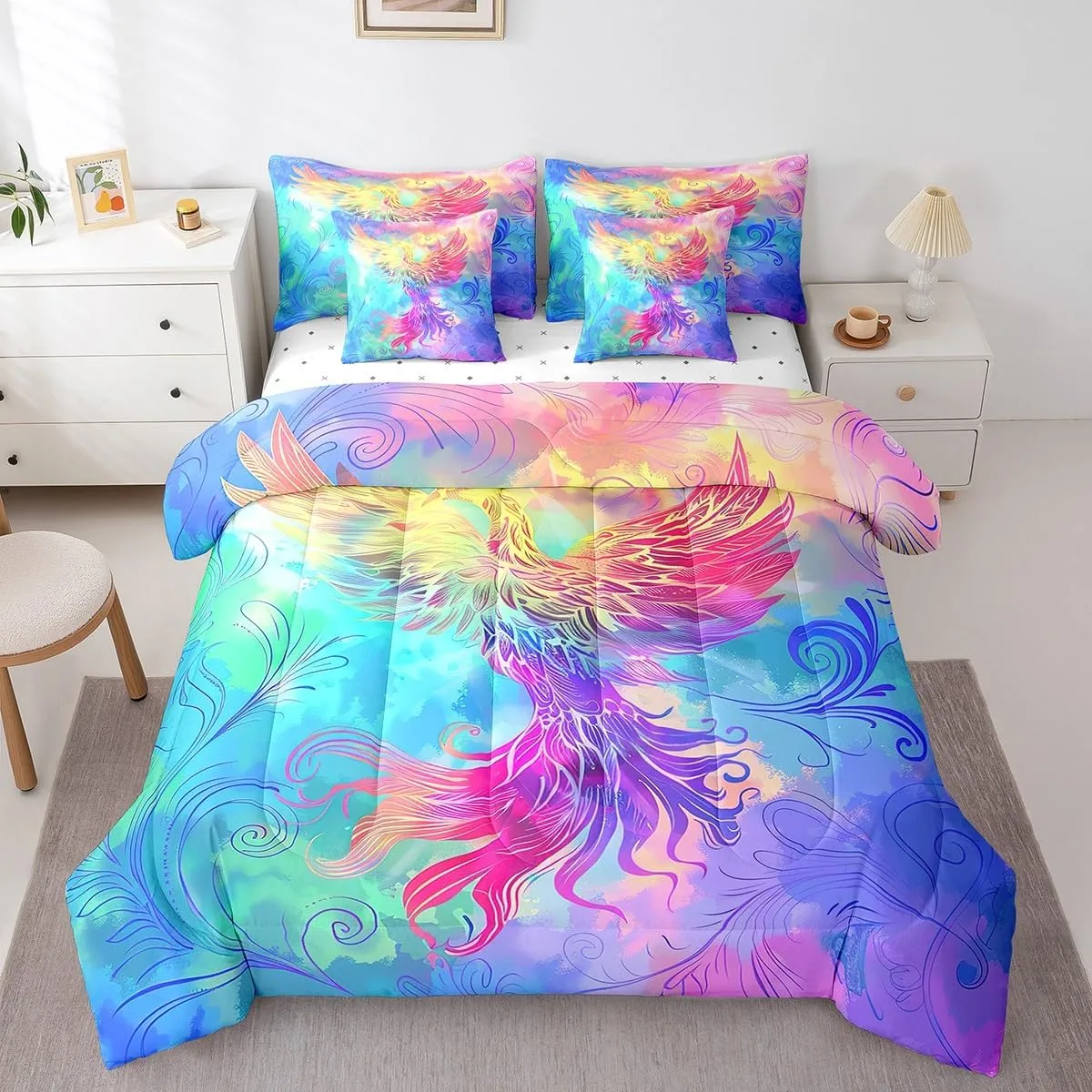 Erosebridal 7 Piece Phoenix Bed in A Bag King Colorful Magic Bird Bed Set,Watercolor Tie Dye Bedding Set with Comforter Western Gothic Bohemian Cushiom Covers Rainbow Geometric Stripes Sheet Set
