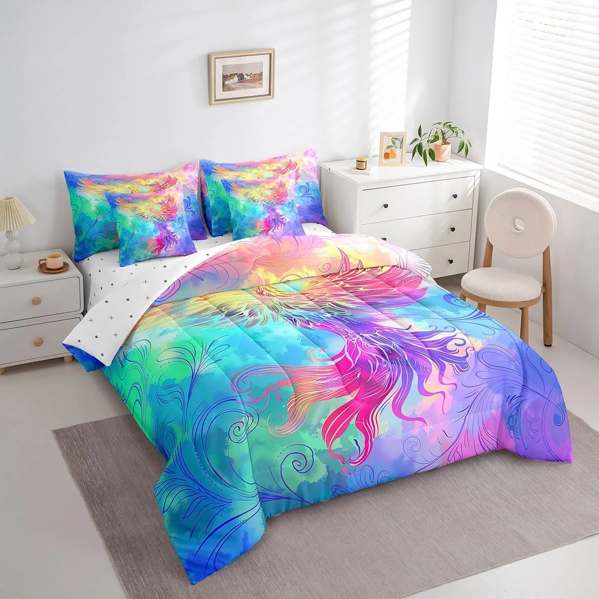 Erosebridal 7 Piece Phoenix Bed in A Bag King Colorful Magic Bird Bed Set,Watercolor Tie Dye Bedding Set with Comforter Western Gothic Bohemian Cushiom Covers Rainbow Geometric Stripes Sheet Set