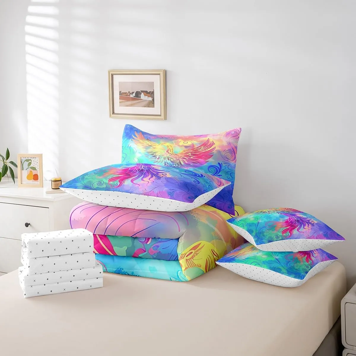 Erosebridal 7 Piece Phoenix Bed in A Bag King Colorful Magic Bird Bed Set,Watercolor Tie Dye Bedding Set with Comforter Western Gothic Bohemian Cushiom Covers Rainbow Geometric Stripes Sheet Set