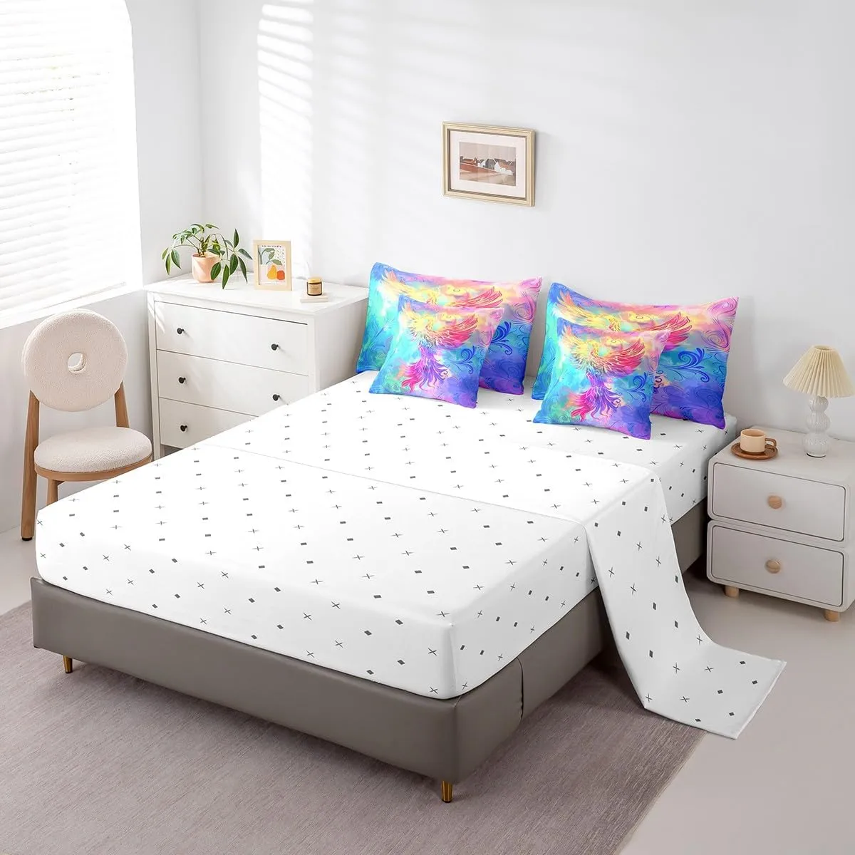 Erosebridal 7 Piece Phoenix Bed in A Bag King Colorful Magic Bird Bed Set,Watercolor Tie Dye Bedding Set with Comforter Western Gothic Bohemian Cushiom Covers Rainbow Geometric Stripes Sheet Set