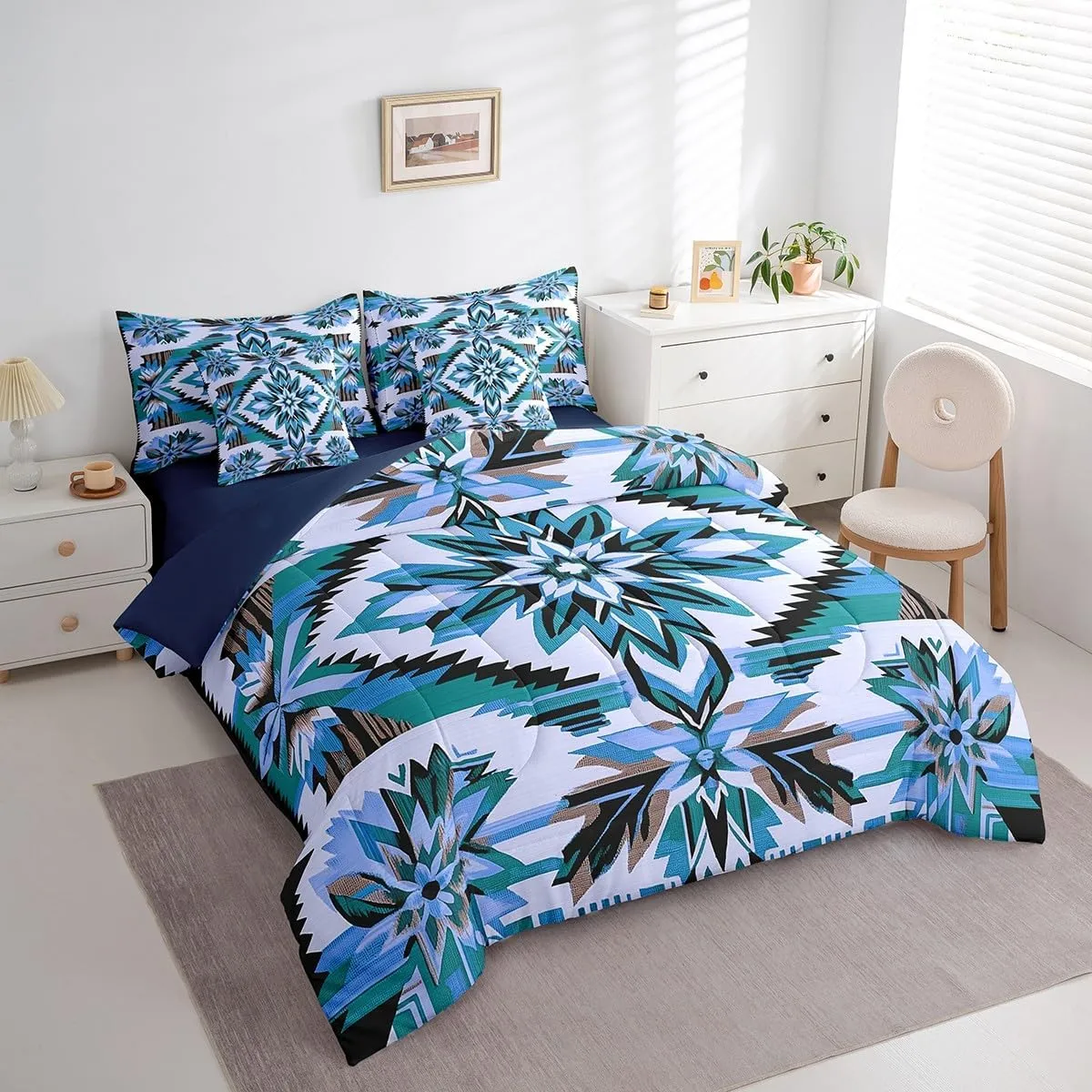 Erosebridal 7Pcs Blue Southwestern Twin Comforter Set,Vintage Bohemian Geometry Bedding Sets,Exotic Style Flower Diamond Bed in A Bag,Western Tribal Native American Quilt with Flat Fitted Sheet