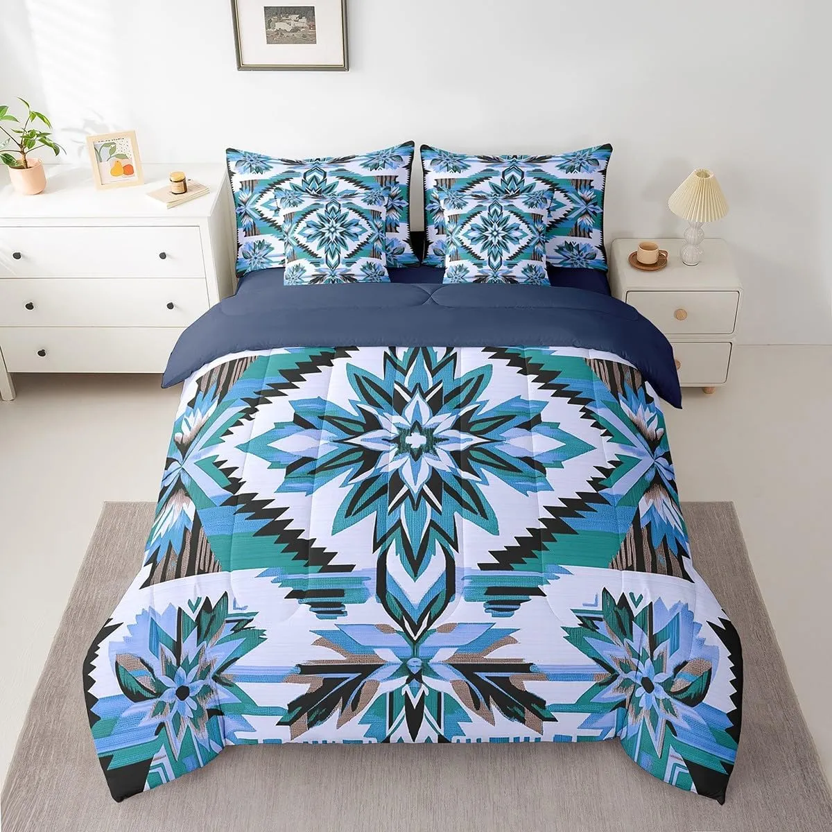 Erosebridal 7Pcs Blue Southwestern Twin Comforter Set,Vintage Bohemian Geometry Bedding Sets,Exotic Style Flower Diamond Bed in A Bag,Western Tribal Native American Quilt with Flat Fitted Sheet