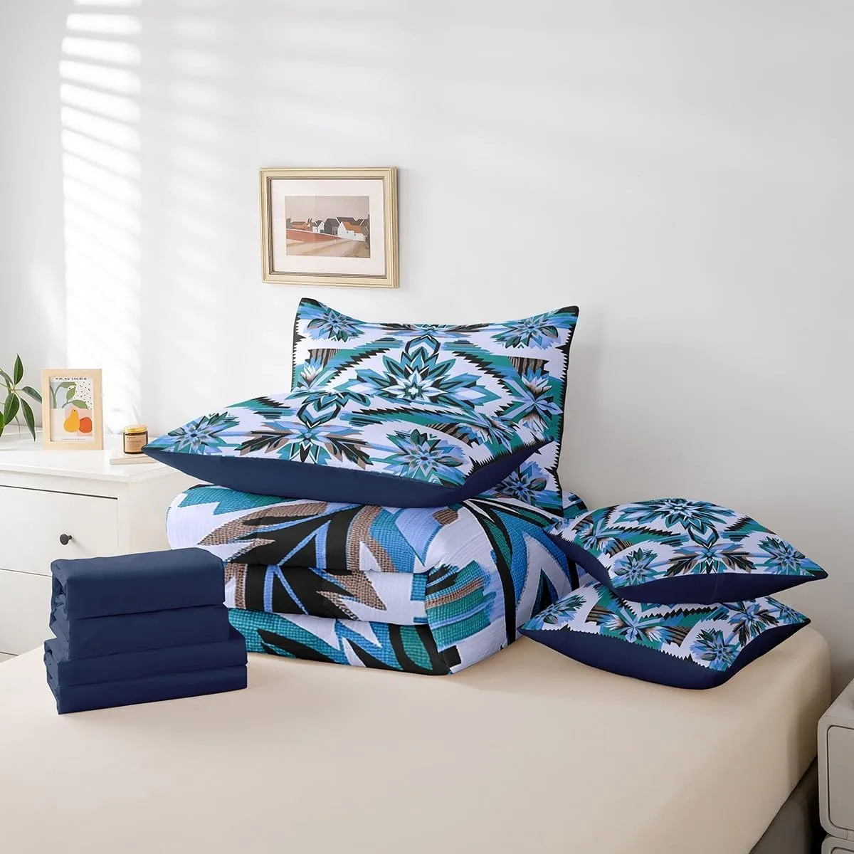 Erosebridal 7Pcs Blue Southwestern Twin Comforter Set,Vintage Bohemian Geometry Bedding Sets,Exotic Style Flower Diamond Bed in A Bag,Western Tribal Native American Quilt with Flat Fitted Sheet