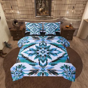 Erosebridal 7Pcs Blue Southwestern Twin Comforter Set,Vintage Bohemian Geometry Bedding Sets,Exotic Style Flower Diamond Bed in A Bag,Western Tribal Native American Quilt with Flat Fitted Sheet