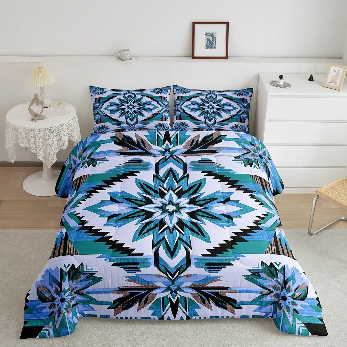 Erosebridal 7Pcs Blue Southwestern Twin Comforter Set,Vintage Bohemian Geometry Bedding Sets,Exotic Style Flower Diamond Bed in A Bag,Western Tribal Native American Quilt with Flat Fitted Sheet