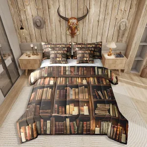 Erosebridal Bookshelf Bedding Set Twin Size,Vintage Library Bookcase 7 Piece Comforter Set,Western Bookshelf Books Bed in a Bag,Education Academic Collection Flat Fitted Sheet Soft Warm Room Decor