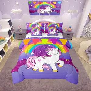 Erosebridal Girls Unicorn 7 Piece Comforter Set King Bed in a Bag, Cute Rainbow Unicorn Print Bedding Set Kids Cartoon Kawaii Sheet Set Galaxy Stars Fantasy Girls Room Decor Child Purple