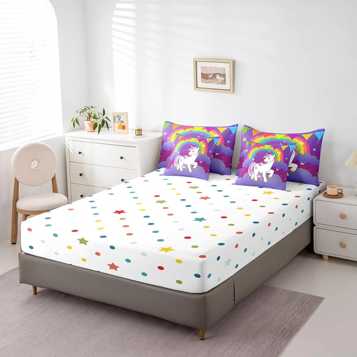 Erosebridal Girls Unicorn 7 Piece Comforter Set King Bed in a Bag, Cute Rainbow Unicorn Print Bedding Set Kids Cartoon Kawaii Sheet Set Galaxy Stars Fantasy Girls Room Decor Child Purple