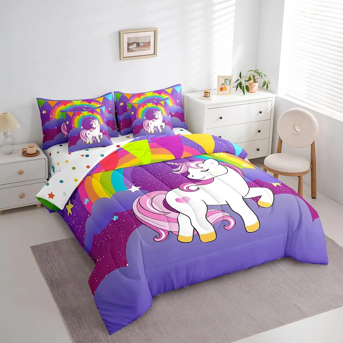 Erosebridal Girls Unicorn 7 Piece Comforter Set King Bed in a Bag, Cute Rainbow Unicorn Print Bedding Set Kids Cartoon Kawaii Sheet Set Galaxy Stars Fantasy Girls Room Decor Child Purple