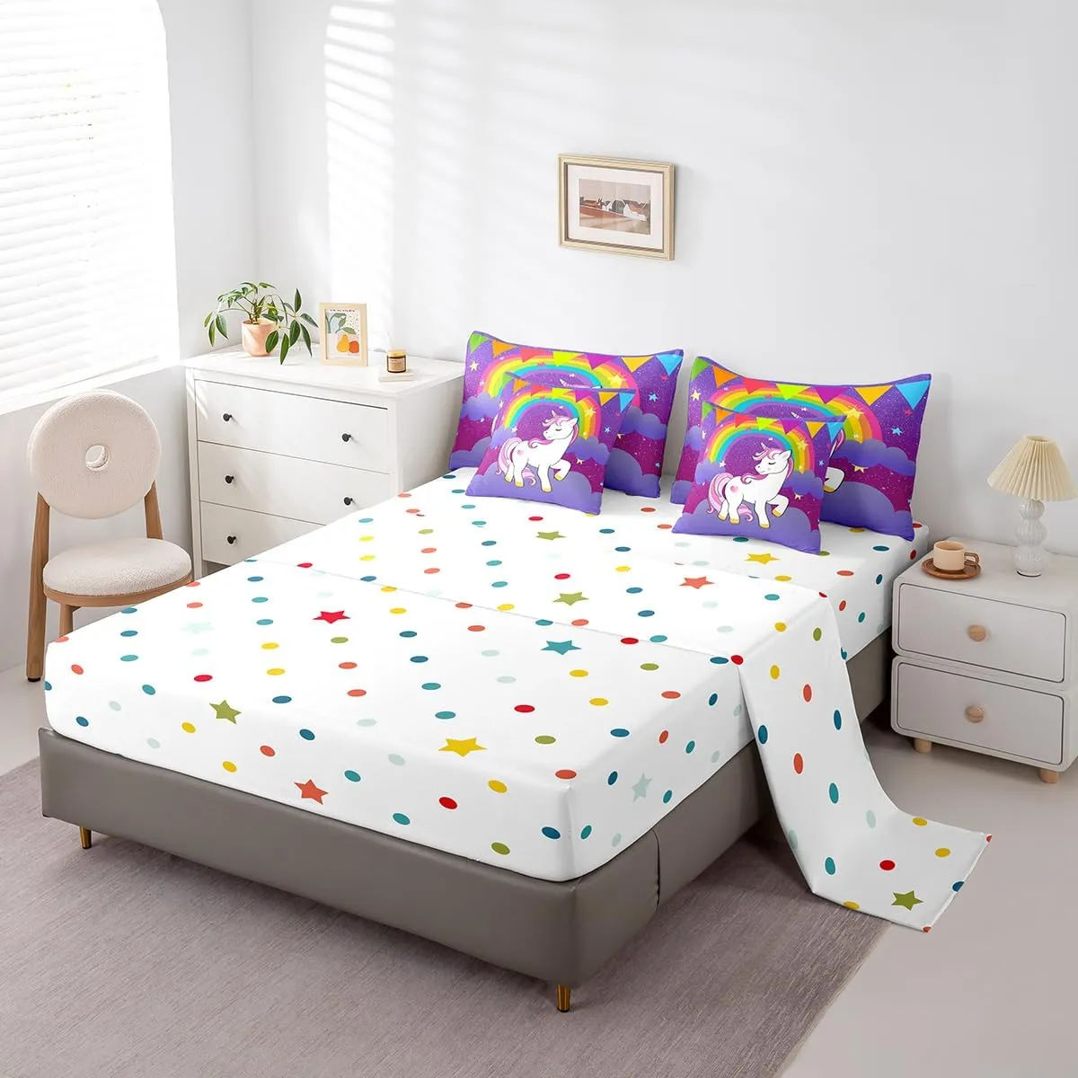 Erosebridal Girls Unicorn 7 Piece Comforter Set King Bed in a Bag, Cute Rainbow Unicorn Print Bedding Set Kids Cartoon Kawaii Sheet Set Galaxy Stars Fantasy Girls Room Decor Child Purple
