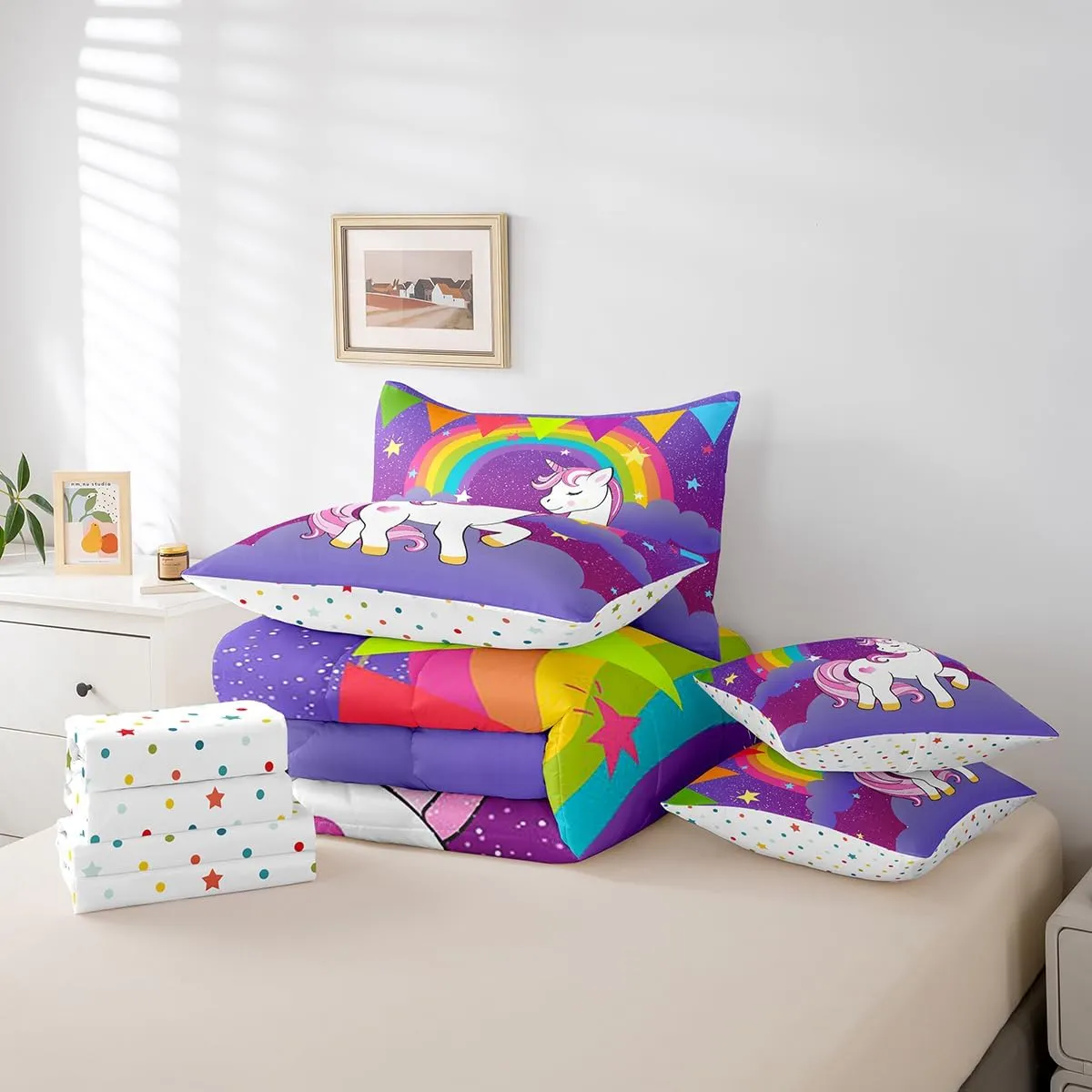 Erosebridal Girls Unicorn 7 Piece Comforter Set King Bed in a Bag, Cute Rainbow Unicorn Print Bedding Set Kids Cartoon Kawaii Sheet Set Galaxy Stars Fantasy Girls Room Decor Child Purple