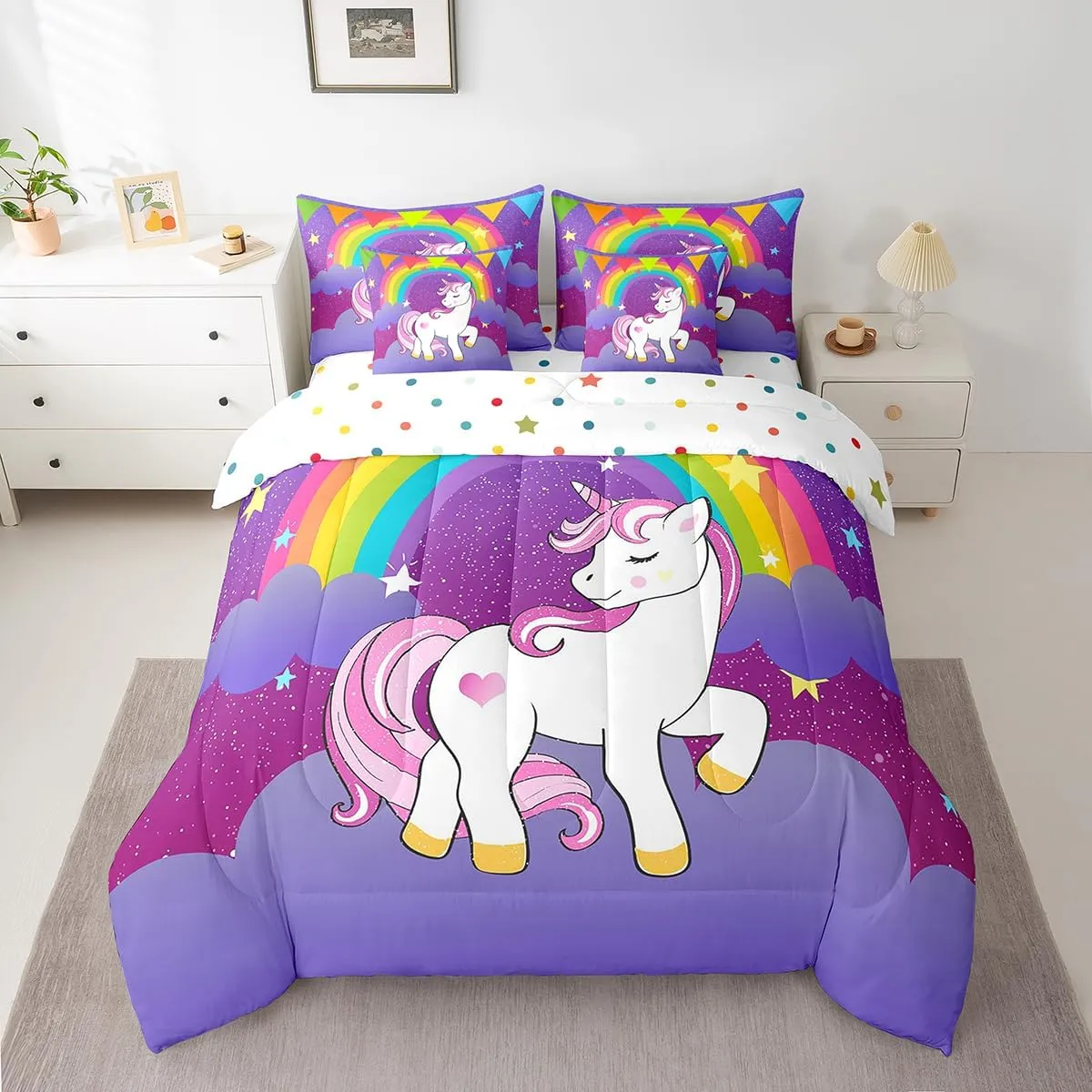 Erosebridal Girls Unicorn 7 Piece Comforter Set King Bed in a Bag, Cute Rainbow Unicorn Print Bedding Set Kids Cartoon Kawaii Sheet Set Galaxy Stars Fantasy Girls Room Decor Child Purple