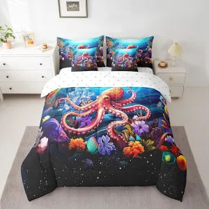 Erosebridal Octopus Comforter Set Sealife Ocean Animal Bedding Set 7 Pcs Tentacles Floral Bed in A Bag King Size Underwater World Coral Seaweed Fitted Sheet Room Decor with Flat Sheet and Pillowcases
