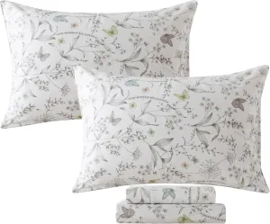 FADFAY Floral Sheets Full Colorful Butterfly Bed Sheets Set Vintage Botanical Bedding Shabby Branches Leaves Bedding Collections 100% Percale Cotton Breathable Super Soft Deep Pocket 4Pcs, Full Size