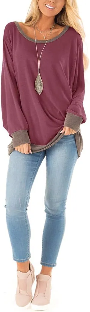 Fallorchid Womens Long Sleeve Tops Crew Neck Tunics Clothes Casual Color Block Sweatshirt