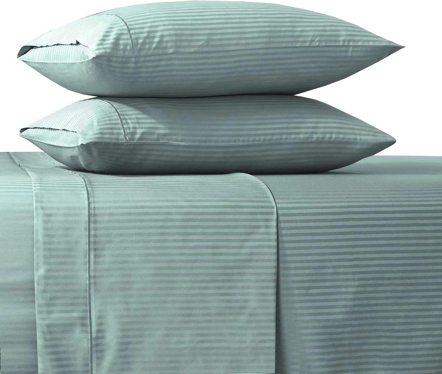 Feather & Stitch 500 TC King Size Damask Bed Sheet Set, 100% Cotton Soft Breathable Bedsheets, 4 Piece 18" Deep Pockets Sateen Weave Striped Bedding Mattress Resort Hotel Luxury- (Green, King)