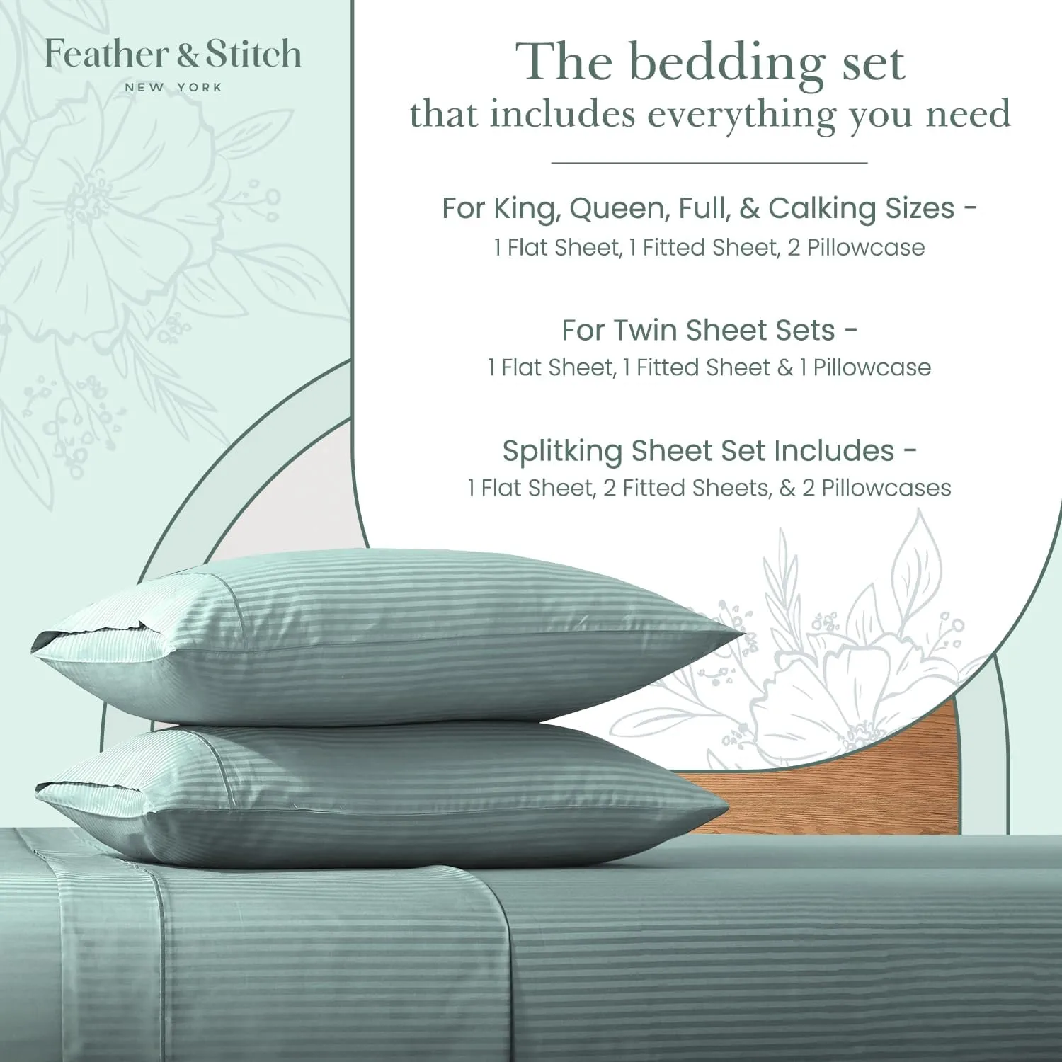 Feather & Stitch 500 TC King Size Damask Bed Sheet Set, 100% Cotton Soft Breathable Bedsheets, 4 Piece 18" Deep Pockets Sateen Weave Striped Bedding Mattress Resort Hotel Luxury- (Green, King)