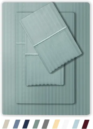 Feather & Stitch 500 TC King Size Damask Bed Sheet Set, 100% Cotton Soft Breathable Bedsheets, 4 Piece 18" Deep Pockets Sateen Weave Striped Bedding Mattress Resort Hotel Luxury- (Green, King)
