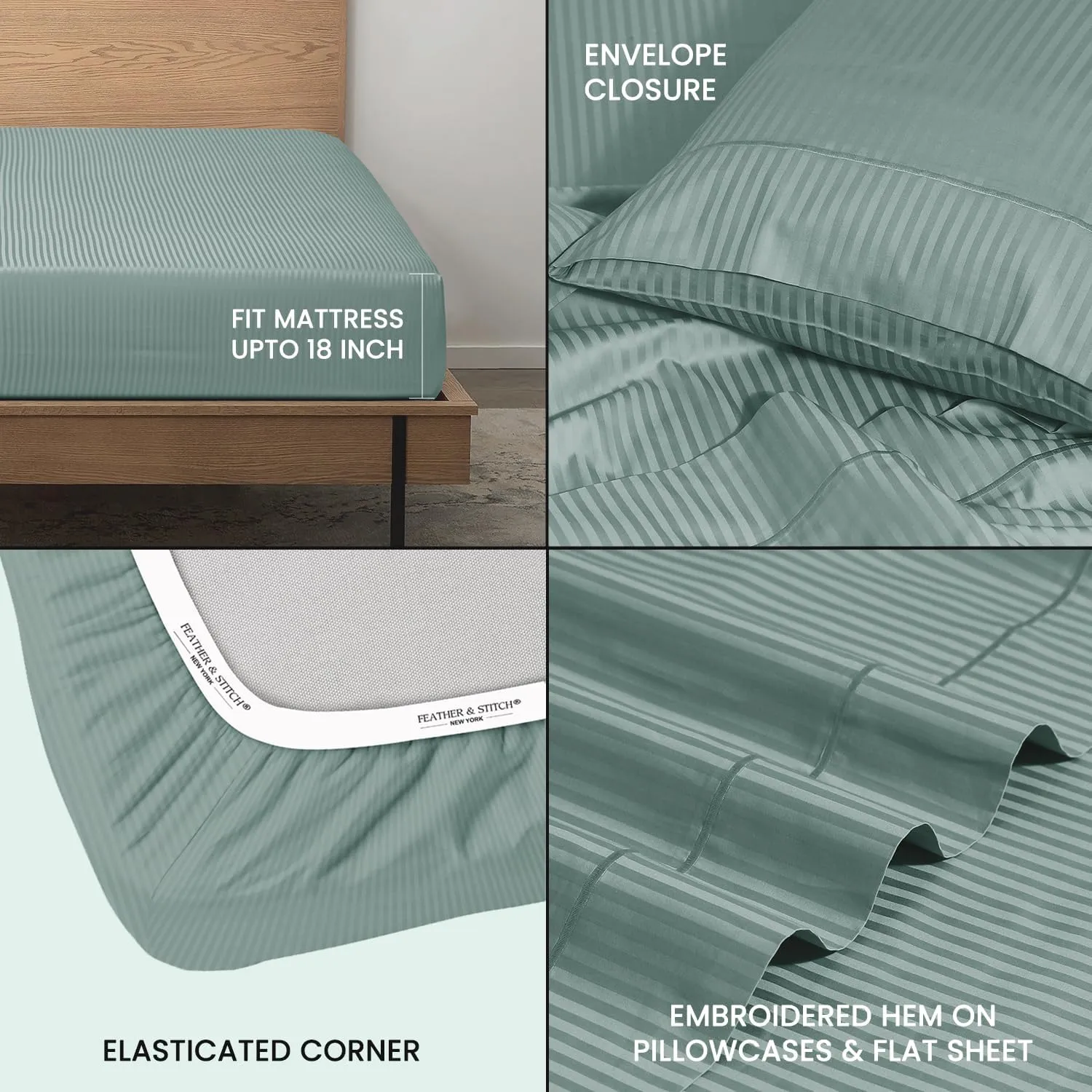 Feather & Stitch 500 TC King Size Damask Bed Sheet Set, 100% Cotton Soft Breathable Bedsheets, 4 Piece 18" Deep Pockets Sateen Weave Striped Bedding Mattress Resort Hotel Luxury- (Green, King)
