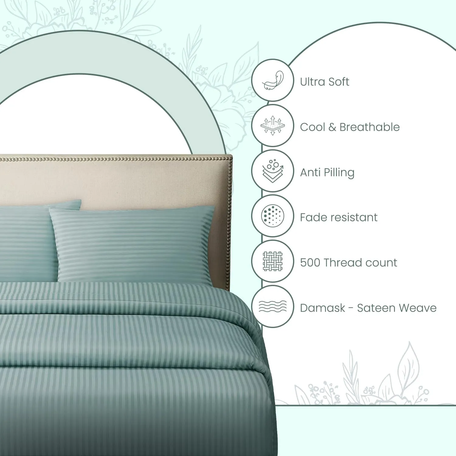 Feather & Stitch 500 TC King Size Damask Bed Sheet Set, 100% Cotton Soft Breathable Bedsheets, 4 Piece 18" Deep Pockets Sateen Weave Striped Bedding Mattress Resort Hotel Luxury- (Green, King)