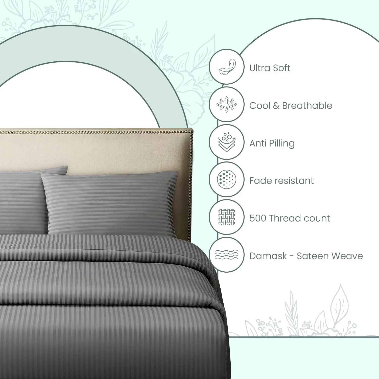 Feather & Stitch 500 TC Queen Size Damask Bed Sheet Set, 100% Cotton Soft Breathable Bedsheets, 4 Piece 18" Deep Pockets Sateen Weave Striped Bedding Mattress Resort Hotel Luxury- (Grey, Queen)