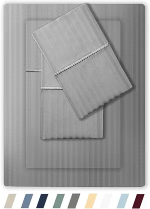 Feather & Stitch 500 TC Queen Size Damask Bed Sheet Set, 100% Cotton Soft Breathable Bedsheets, 4 Piece 18" Deep Pockets Sateen Weave Striped Bedding Mattress Resort Hotel Luxury- (Grey, Queen)