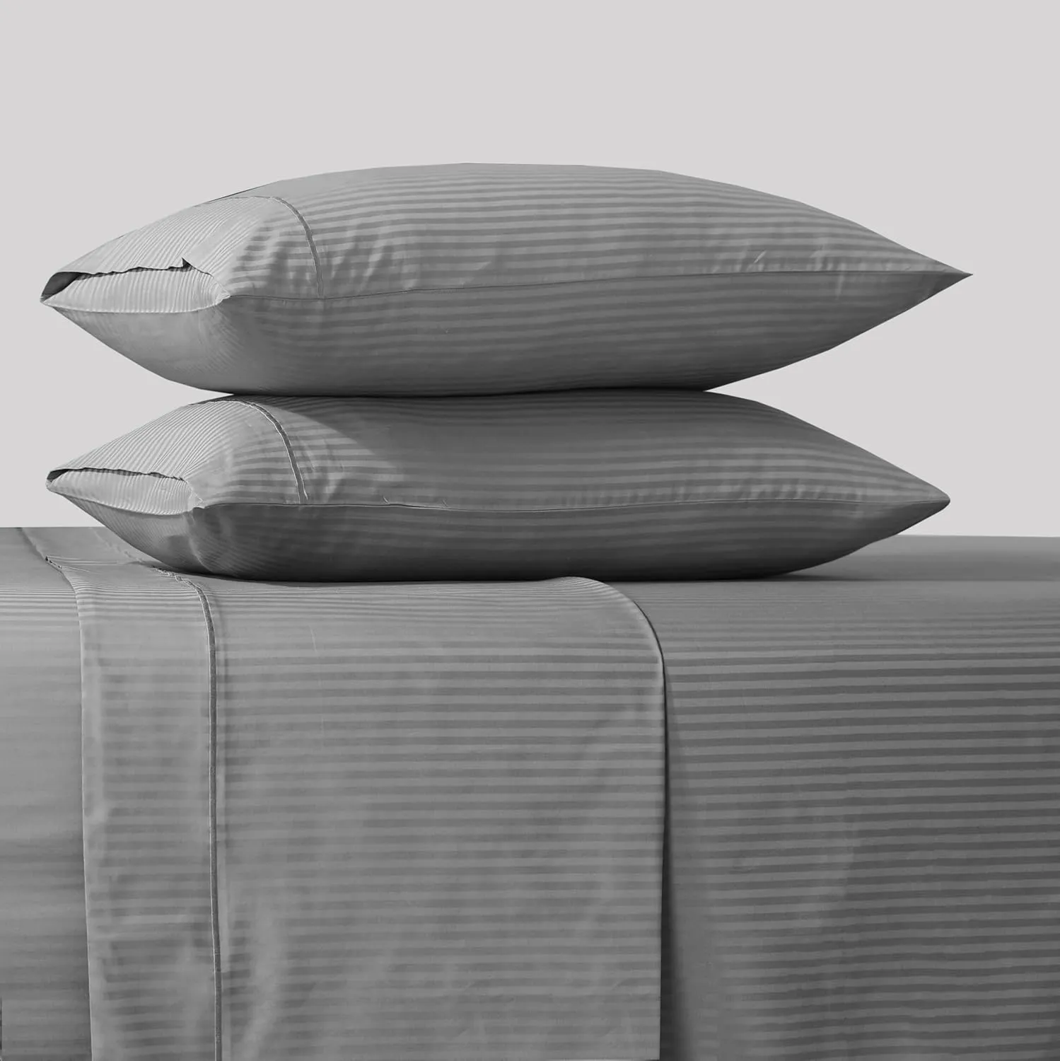 Feather & Stitch 500 TC Queen Size Damask Bed Sheet Set, 100% Cotton Soft Breathable Bedsheets, 4 Piece 18" Deep Pockets Sateen Weave Striped Bedding Mattress Resort Hotel Luxury- (Grey, Queen)