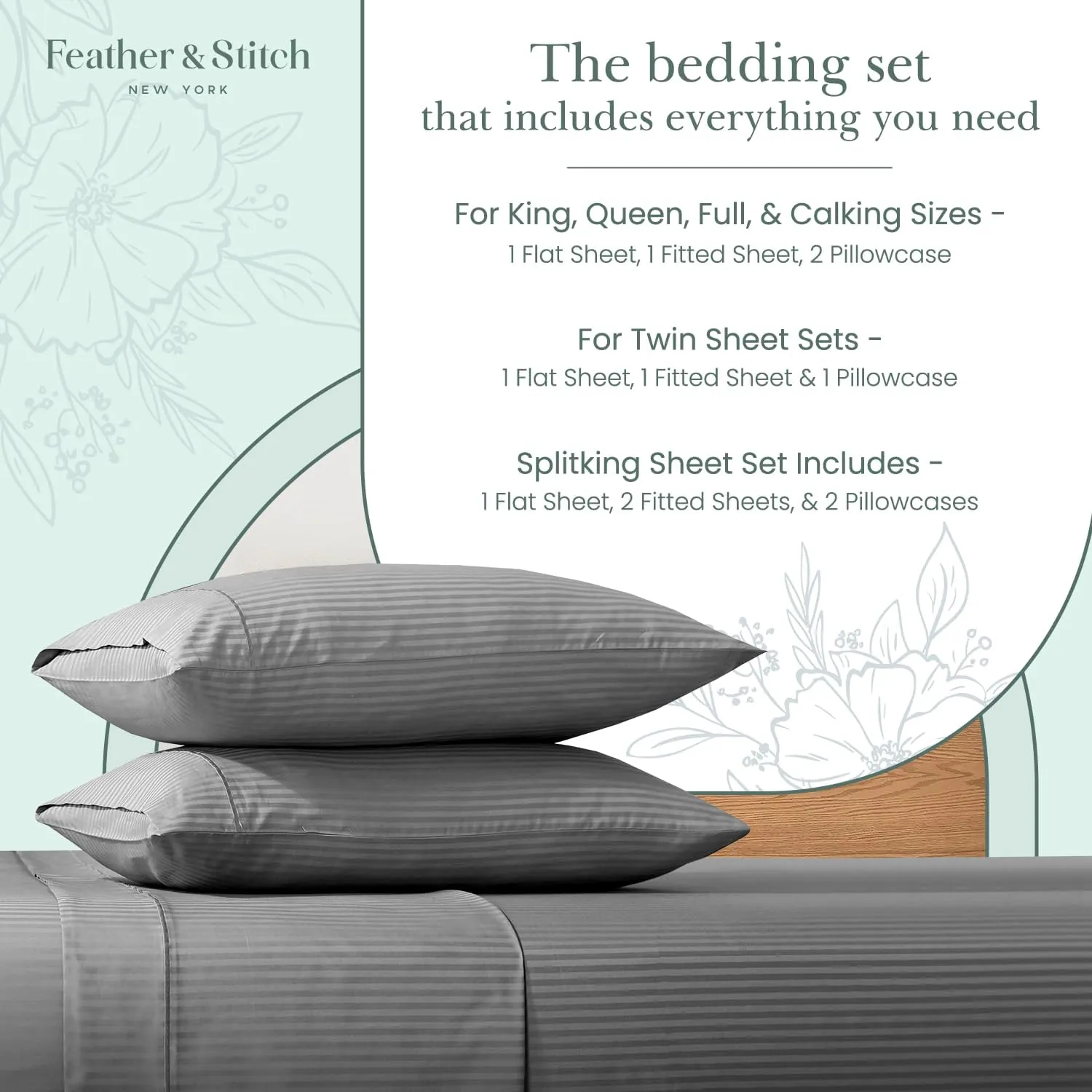 Feather & Stitch 500 TC Queen Size Damask Bed Sheet Set, 100% Cotton Soft Breathable Bedsheets, 4 Piece 18" Deep Pockets Sateen Weave Striped Bedding Mattress Resort Hotel Luxury- (Grey, Queen)