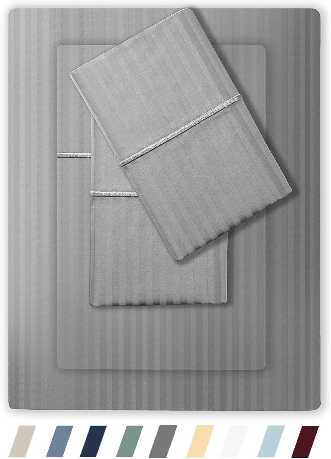 Feather & Stitch 500 TC Queen Size Damask Bed Sheet Set, 100% Cotton Soft Breathable Bedsheets, 4 Piece 18" Deep Pockets Sateen Weave Striped Bedding Mattress Resort Hotel Luxury- (Grey, Queen)