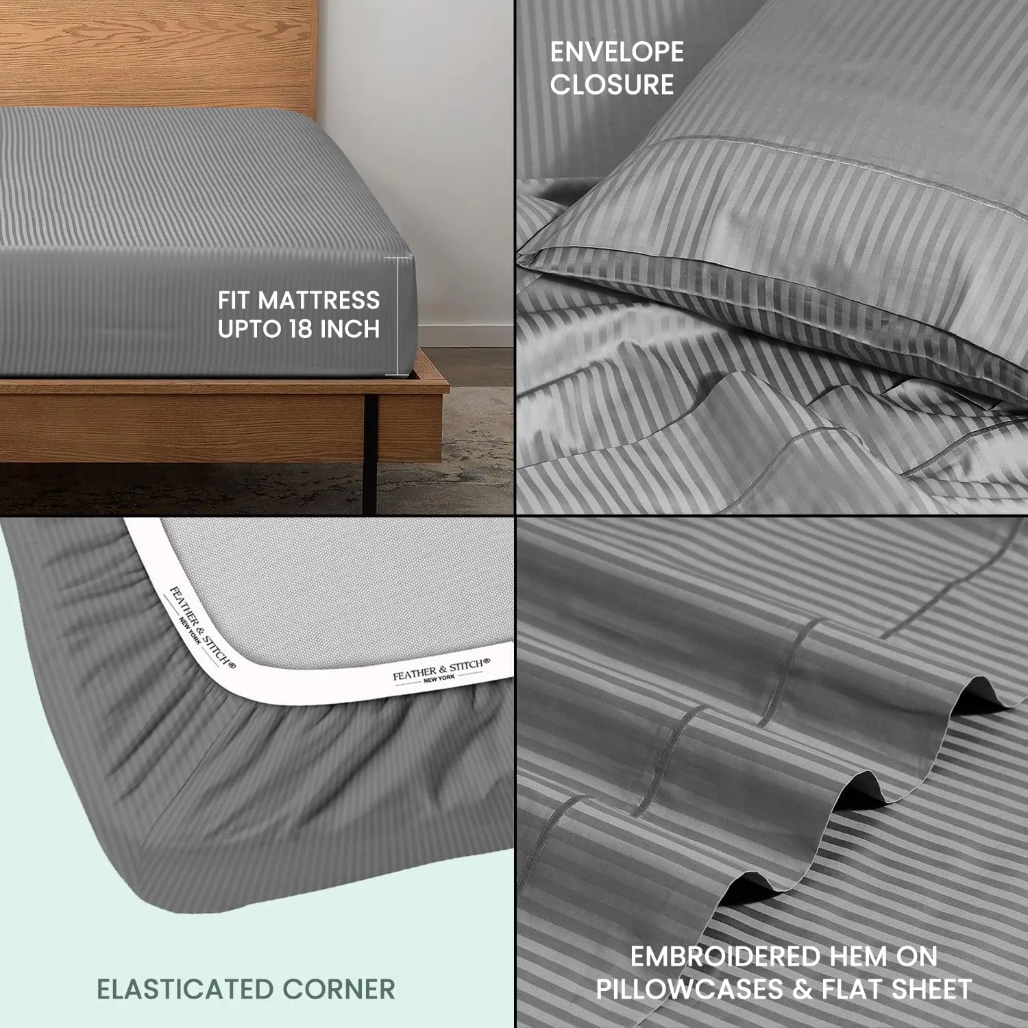 Feather & Stitch 500 TC Queen Size Damask Bed Sheet Set, 100% Cotton Soft Breathable Bedsheets, 4 Piece 18" Deep Pockets Sateen Weave Striped Bedding Mattress Resort Hotel Luxury- (Grey, Queen)
