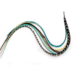 Feather Hair Extension – Indian Blue, Turquoise, Brown, and Grizzly Feathers, Five Real Rooster Feathers Bonded Together, Ranging From 6 to 10 Inches in Length, One Extension