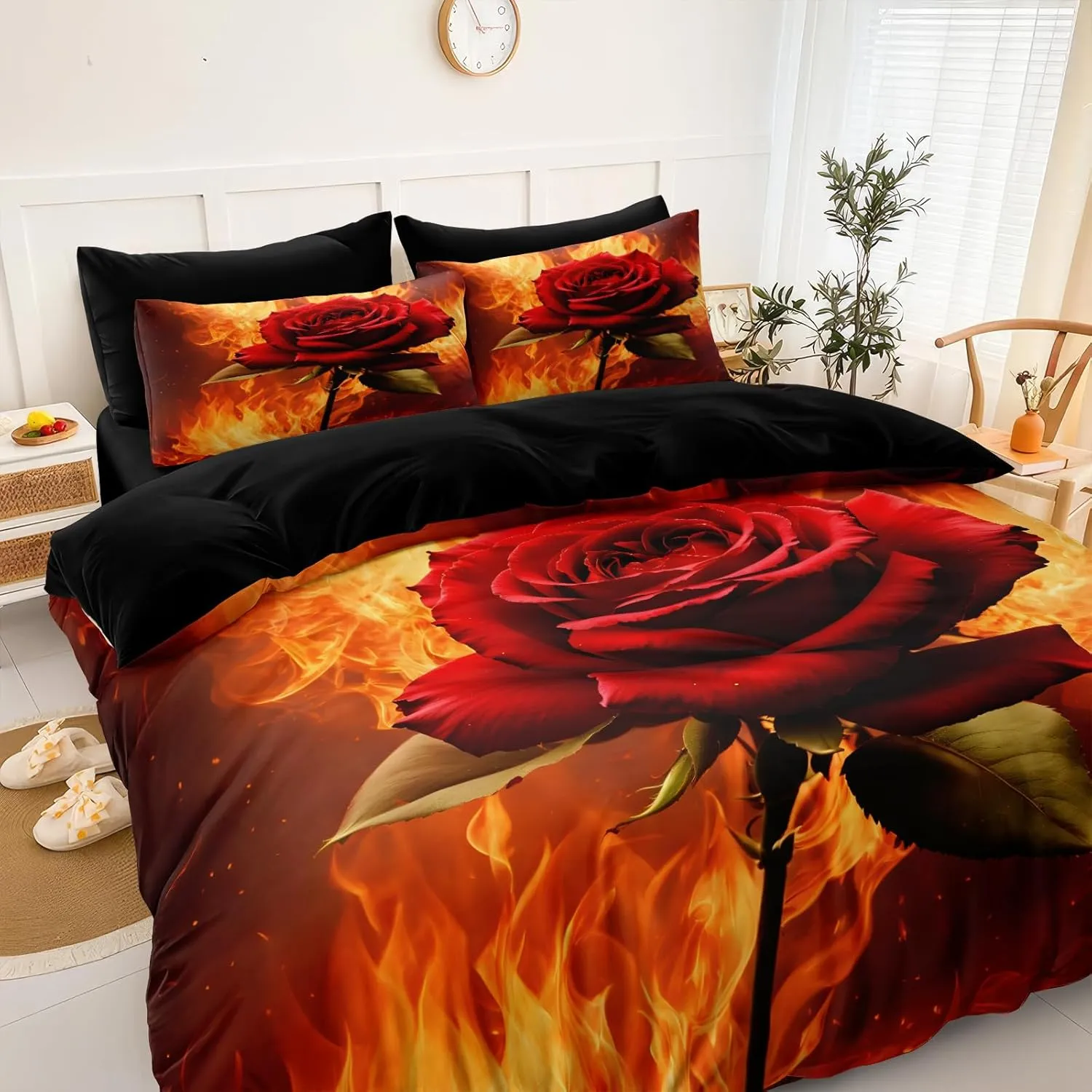 Fire Rose Comforter Set Romantic Couple Bedding Set Full Size Black Bed in A Bag with Comforter, Flat Sheet, Fitted Sheet, Pillowcases & Cushion Cover