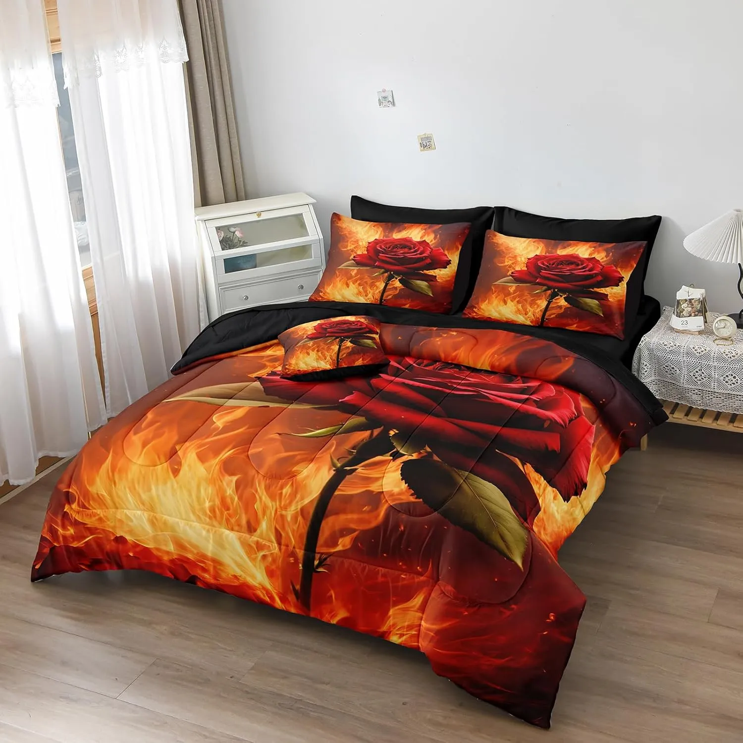 Fire Rose Comforter Set Romantic Couple Bedding Set Full Size Black Bed in A Bag with Comforter, Flat Sheet, Fitted Sheet, Pillowcases & Cushion Cover