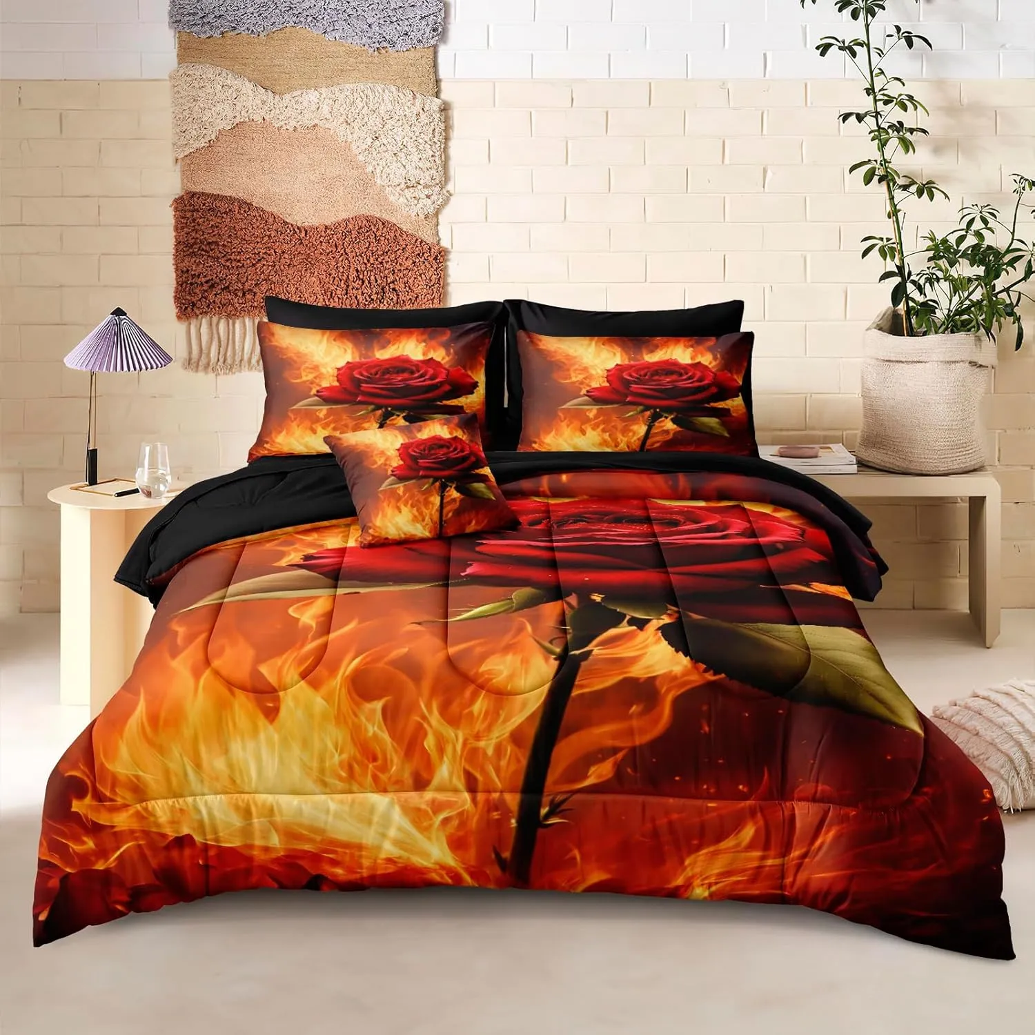 Fire Rose Comforter Set Romantic Couple Bedding Set Full Size Black Bed in A Bag with Comforter, Flat Sheet, Fitted Sheet, Pillowcases & Cushion Cover