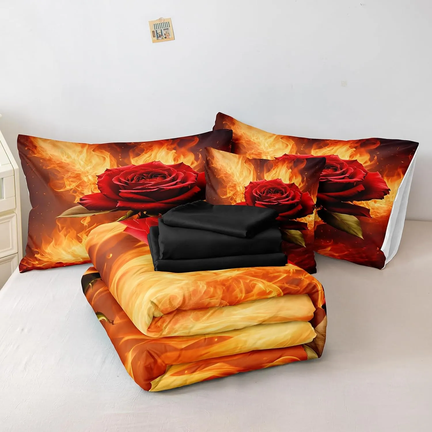 Fire Rose Comforter Set Romantic Couple Bedding Set Full Size Black Bed in A Bag with Comforter, Flat Sheet, Fitted Sheet, Pillowcases & Cushion Cover