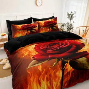 Fire Rose Comforter Set Romantic Couple Bedding Set Full Size Black Bed in A Bag with Comforter, Flat Sheet, Fitted Sheet, Pillowcases & Cushion Cover