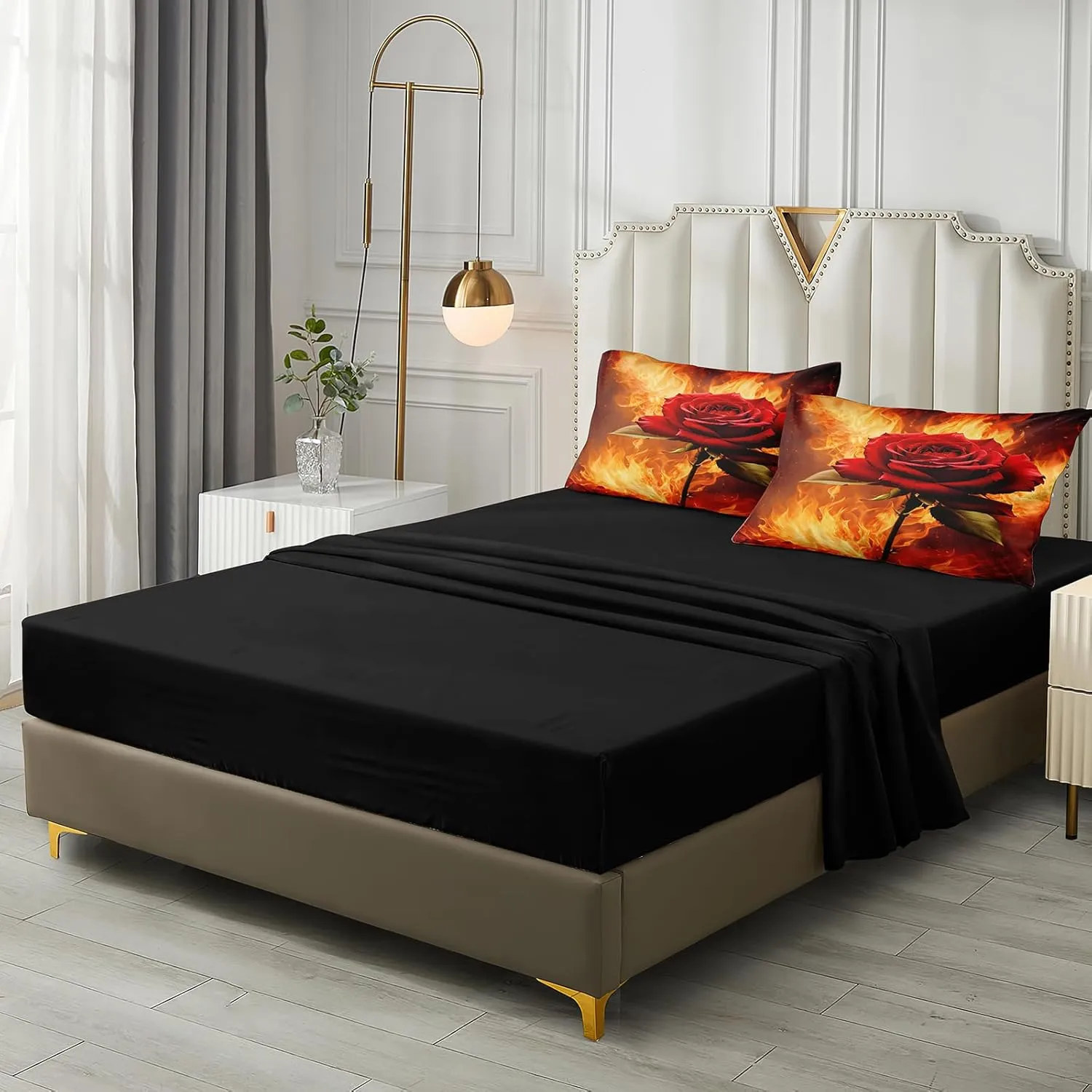 Fire Rose Comforter Set Romantic Couple Bedding Set Full Size Black Bed in A Bag with Comforter, Flat Sheet, Fitted Sheet, Pillowcases & Cushion Cover