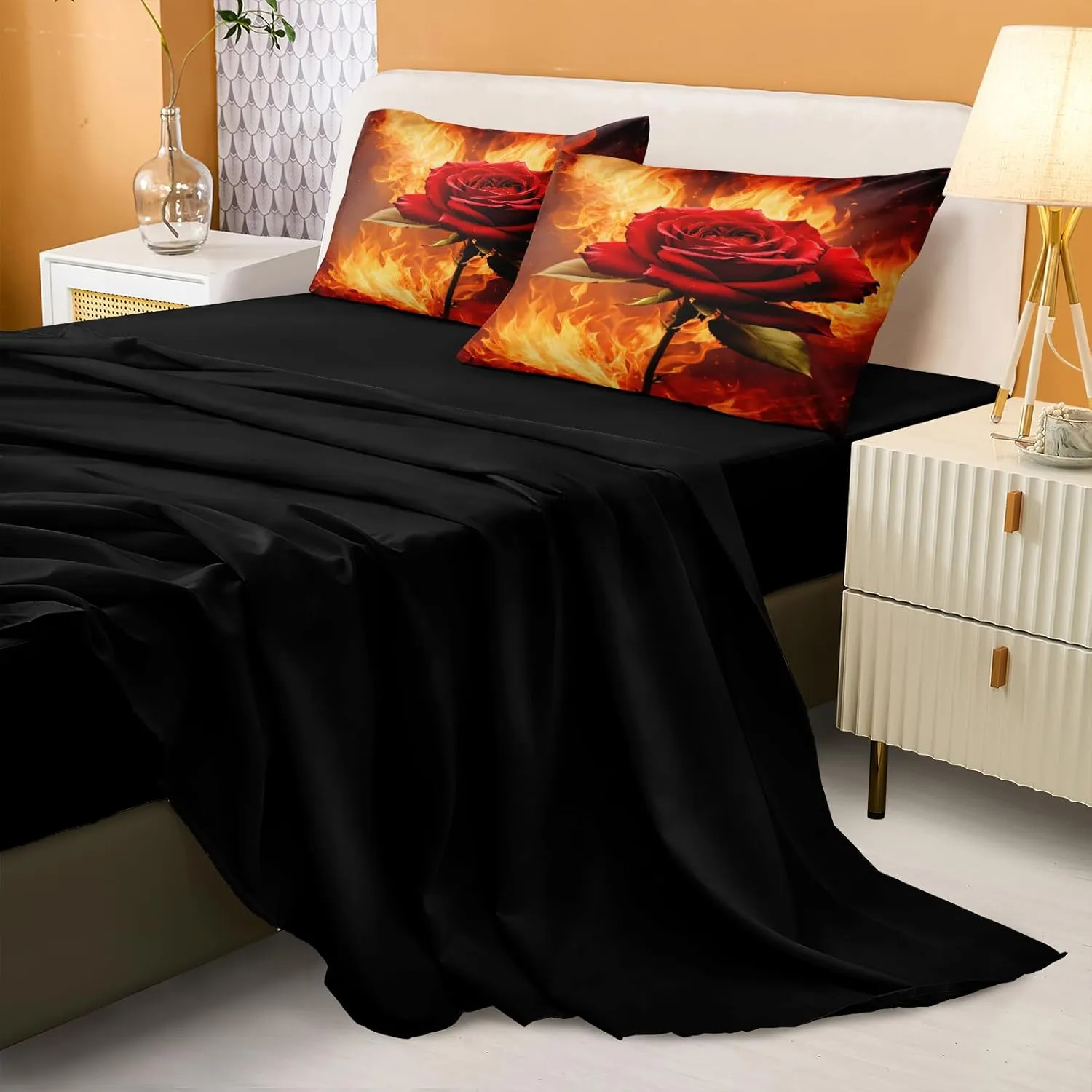 Fire Rose Comforter Set Romantic Couple Bedding Set Full Size Black Bed in A Bag with Comforter, Flat Sheet, Fitted Sheet, Pillowcases & Cushion Cover