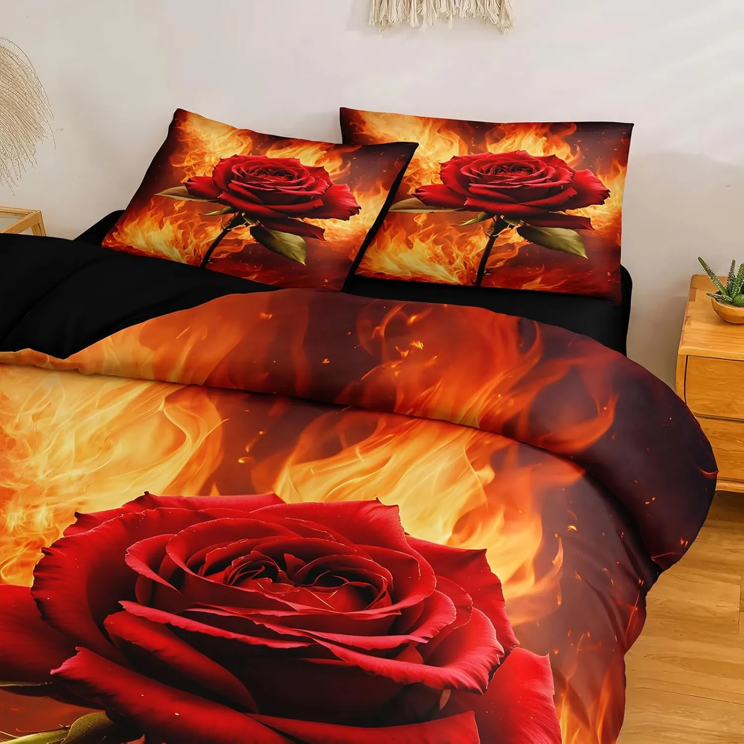 Fire Rose Comforter Set Romantic Couple Bedding Set Full Size Black Bed in A Bag with Comforter, Flat Sheet, Fitted Sheet, Pillowcases & Cushion Cover
