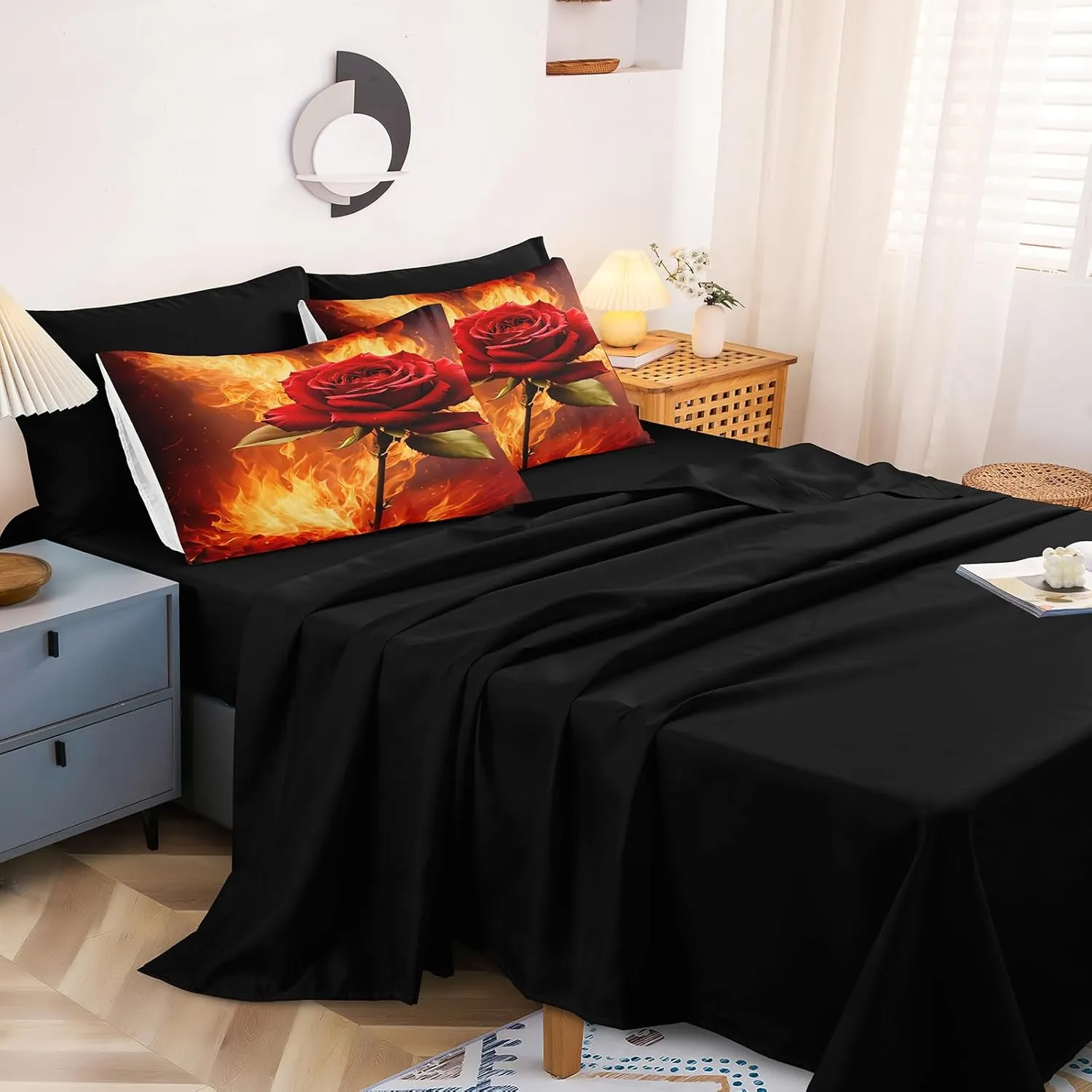 Fire Rose Comforter Set Romantic Couple Bedding Set Full Size Black Bed in A Bag with Comforter, Flat Sheet, Fitted Sheet, Pillowcases & Cushion Cover