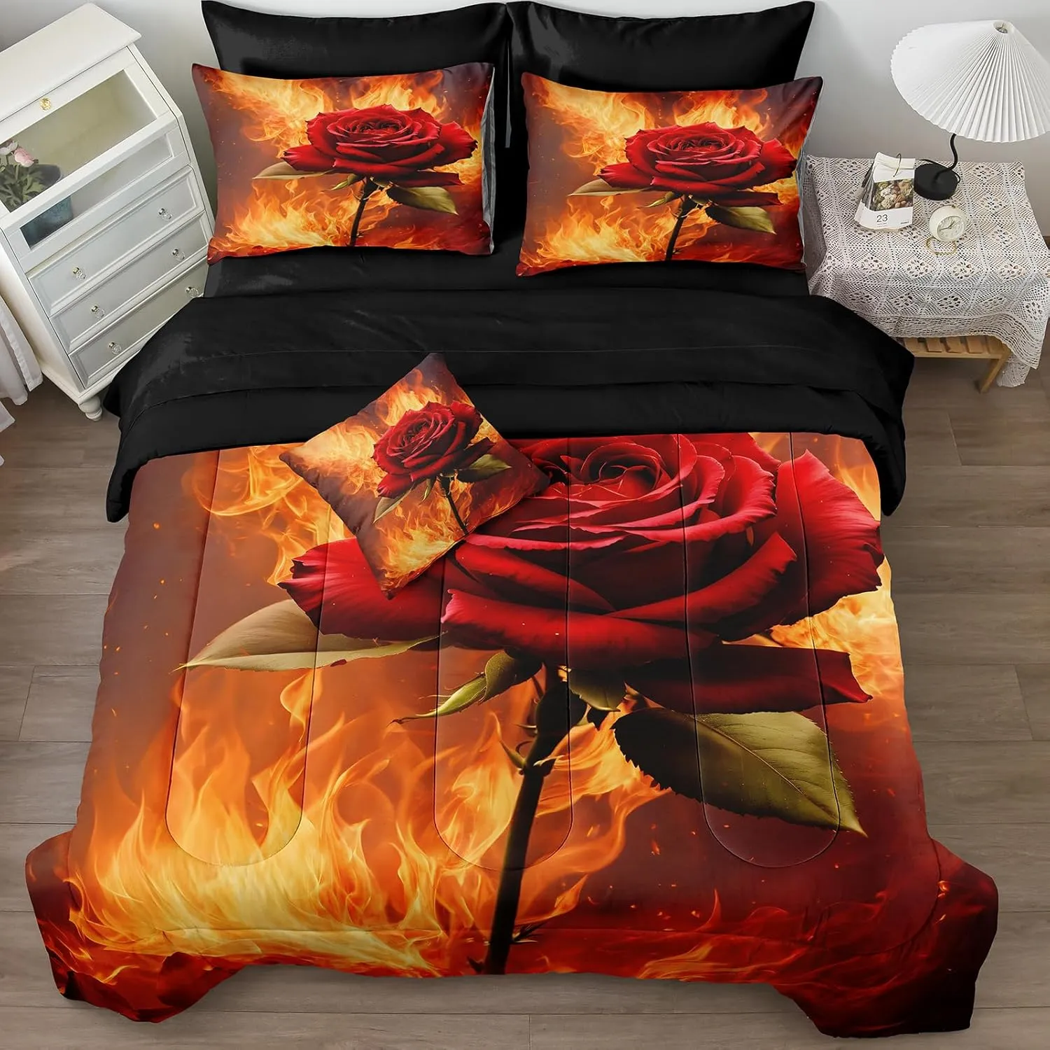 Fire Rose Comforter Set Romantic Couple Bedding Set Full Size Black Bed in A Bag with Comforter, Flat Sheet, Fitted Sheet, Pillowcases & Cushion Cover