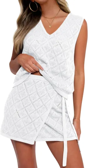 Fisoew Womens 2 Piece Crochet Swimsuit Cover Ups Sleeveless V Neck Tank Tops Wrap Skirt Sets Beach Vacation Outfits