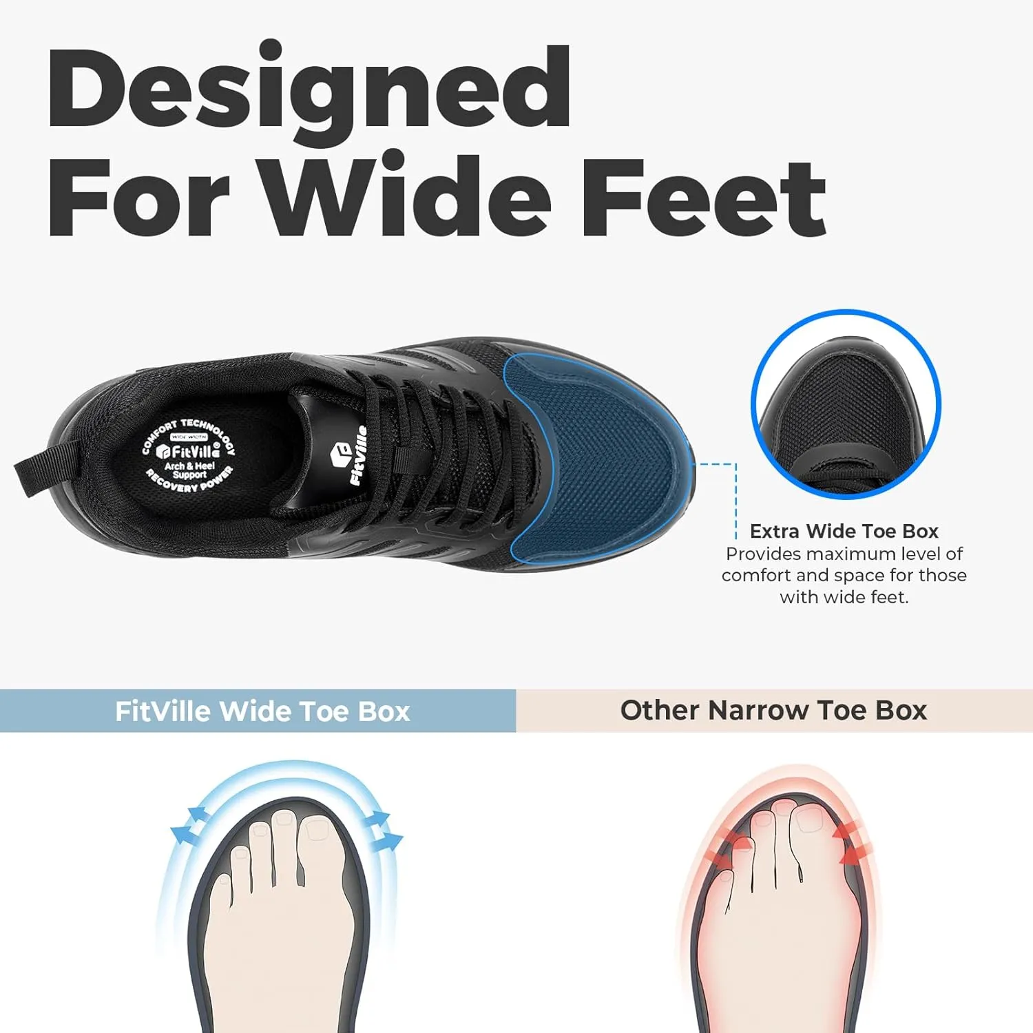 FitVille Wide Toe Box Sneakers for Men - Lightweight, Breathable Running Shoes for Diabetic Men, Flat Feet, Heel Pain & Plantar Fasciitis Relief