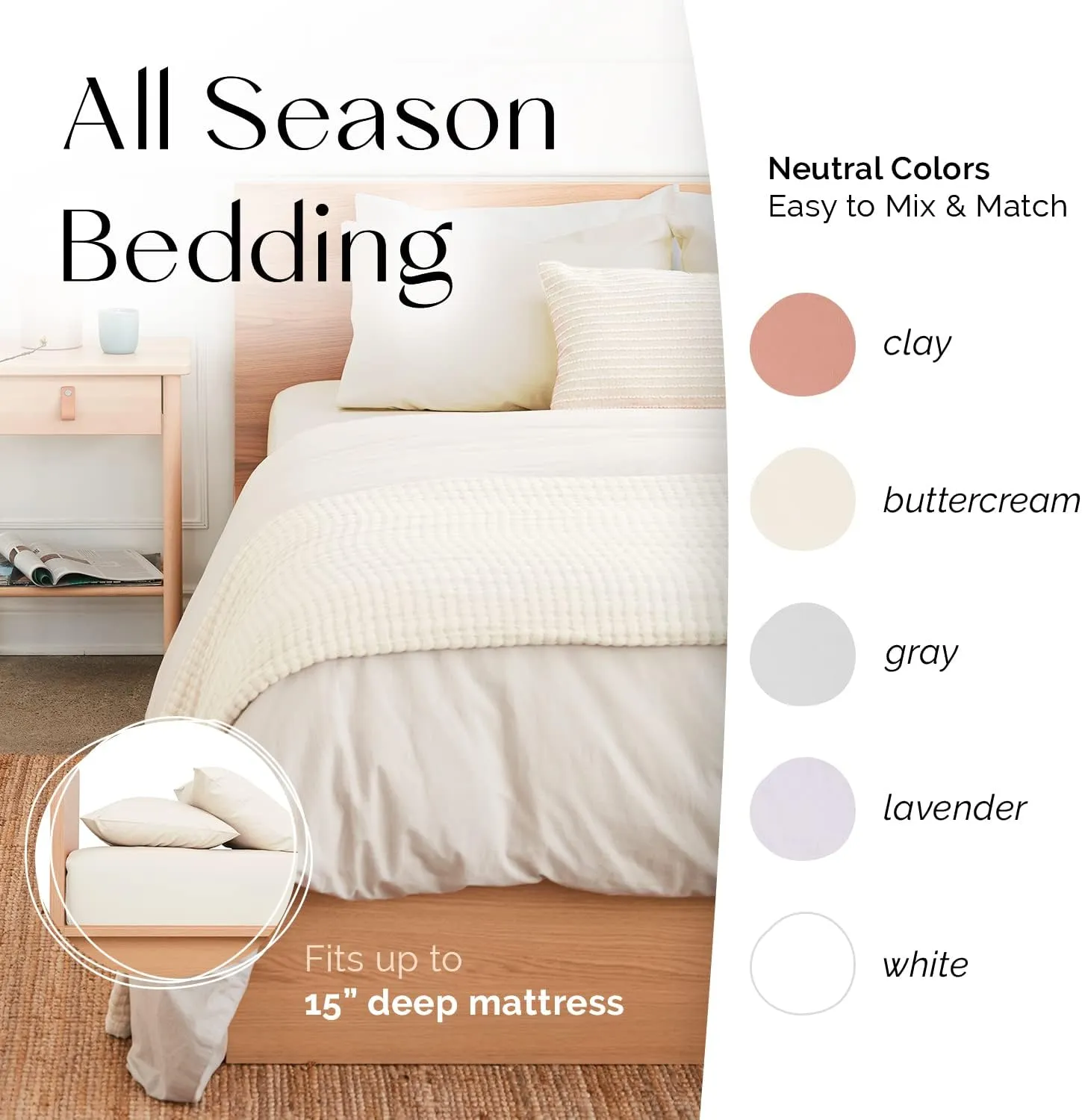 Five Looms 4 Piece Classic Percale Sheets Set, 100% Cotton with Deep Pocket 15”, Easy Care Luxury Hotel Quality Soft Cooling Sheets Set, Fitted Sheet, Flat Sheet and 2 Pillowcases, Full, Buttercream