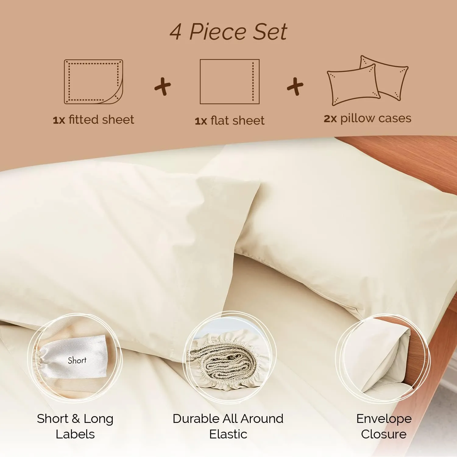 Five Looms 4 Piece Classic Percale Sheets Set, 100% Cotton with Deep Pocket 15”, Easy Care Luxury Hotel Quality Soft Cooling Sheets Set, Fitted Sheet, Flat Sheet and 2 Pillowcases, Full, Buttercream