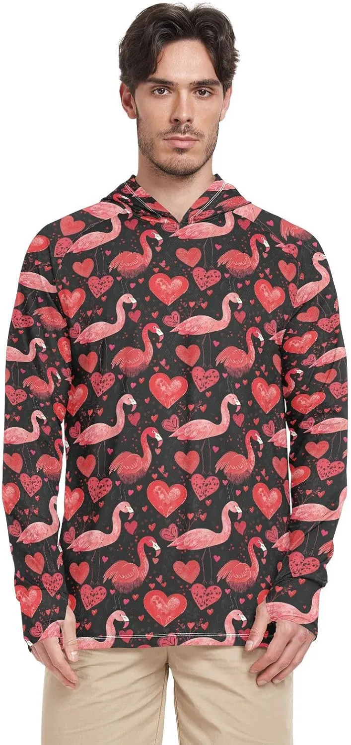 Flamingos Red Peach Black Hearts Men's Sun Protection Hoodie Long Sleeve Fishing Shirt UPF 50  Lightweight UV Rash Guard Hooded Sun Proof Shirts playeras de trabajo para hombre