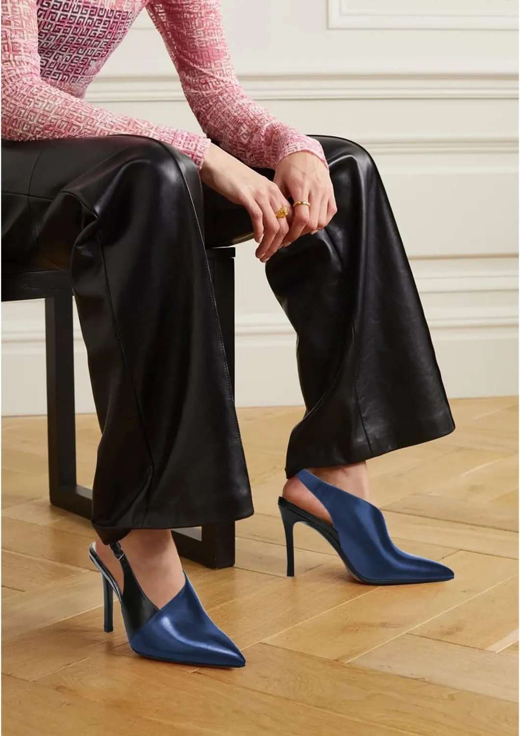 FOWT Spring Two Toned Patchwork Snakeskin Slingback Buckle Strap Black Pumps for Woman Elegant Pointed Toe 3 Inches High Heels Concise Casual Daily Dressy Shoes, US Size 4-16 M