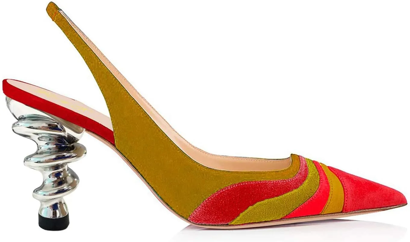 FOWT Women Rainbow Color Stripes Strange Spiral High Heel Pumps Slip On Pointed Toe Slingback Sandals Fashion Shoes 4-16