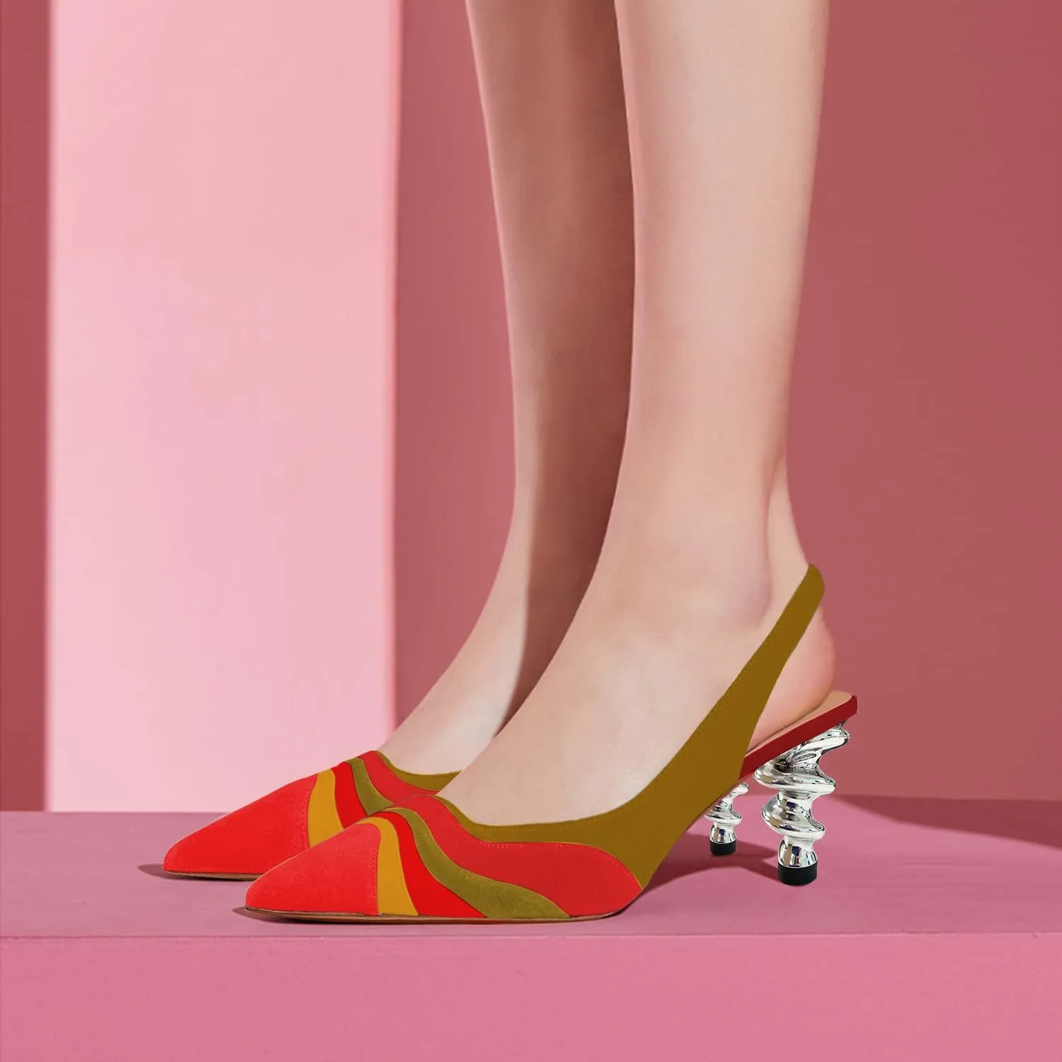 FOWT Women Rainbow Color Stripes Strange Spiral High Heel Pumps Slip On Pointed Toe Slingback Sandals Fashion Shoes 4-16