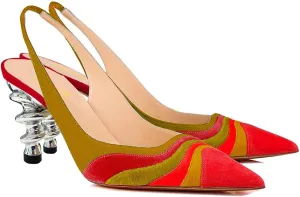 FOWT Women Rainbow Color Stripes Strange Spiral High Heel Pumps Slip On Pointed Toe Slingback Sandals Fashion Shoes 4-16